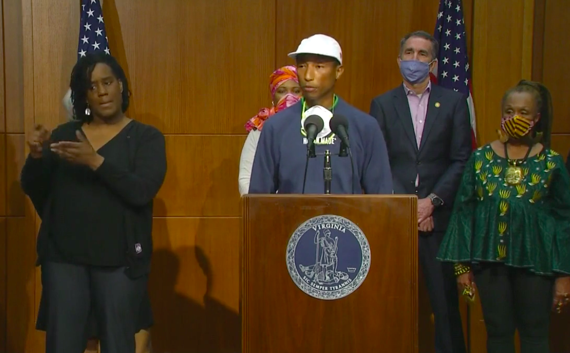 Pharrell Williams during Gov. Northam's press conference about Juneteenth